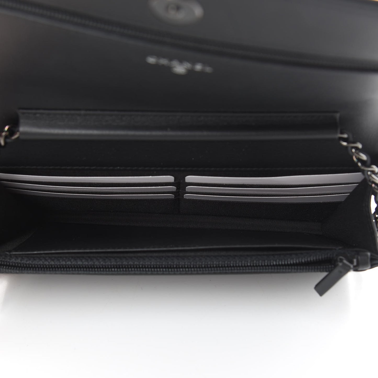 Calfskin Painted Chevron Embossed Boy Wallet On Chain WOC Black