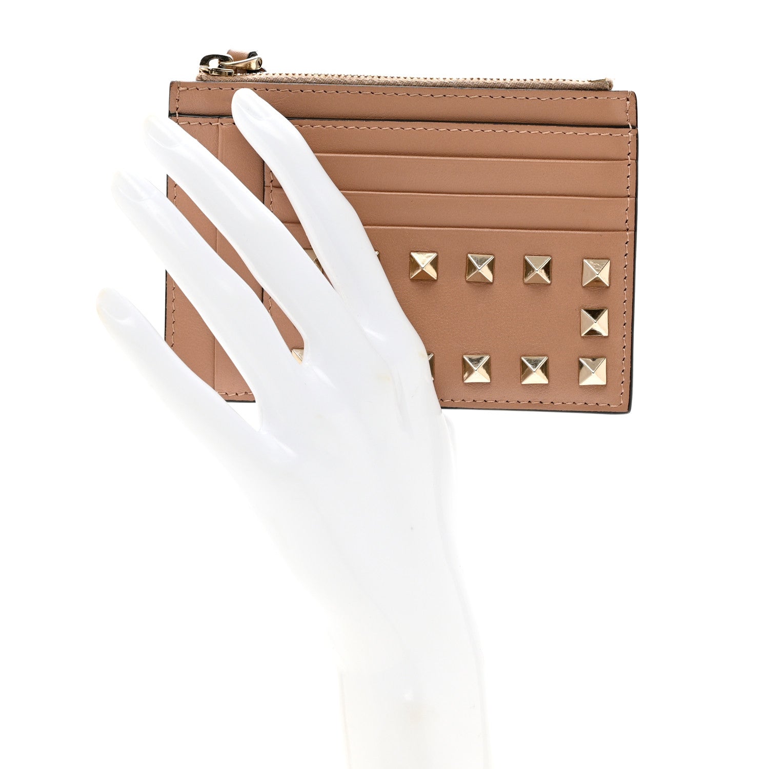 Valentino Garavani Calfskin Rockstud Coin Case Card Holder Soft Noisette 2 of 7