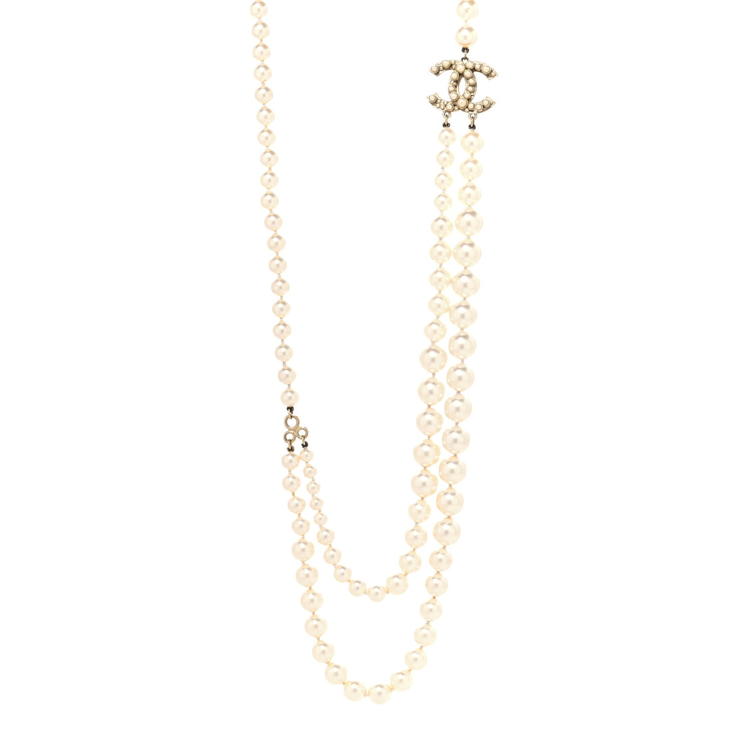 Graduated Pearl Studded CC Long Necklace Gold