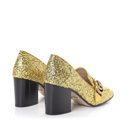 Gucci Glitter Nappa Web Peyton 75mm Loafer Pumps 35.5 Oro Vecchio 4 of 10