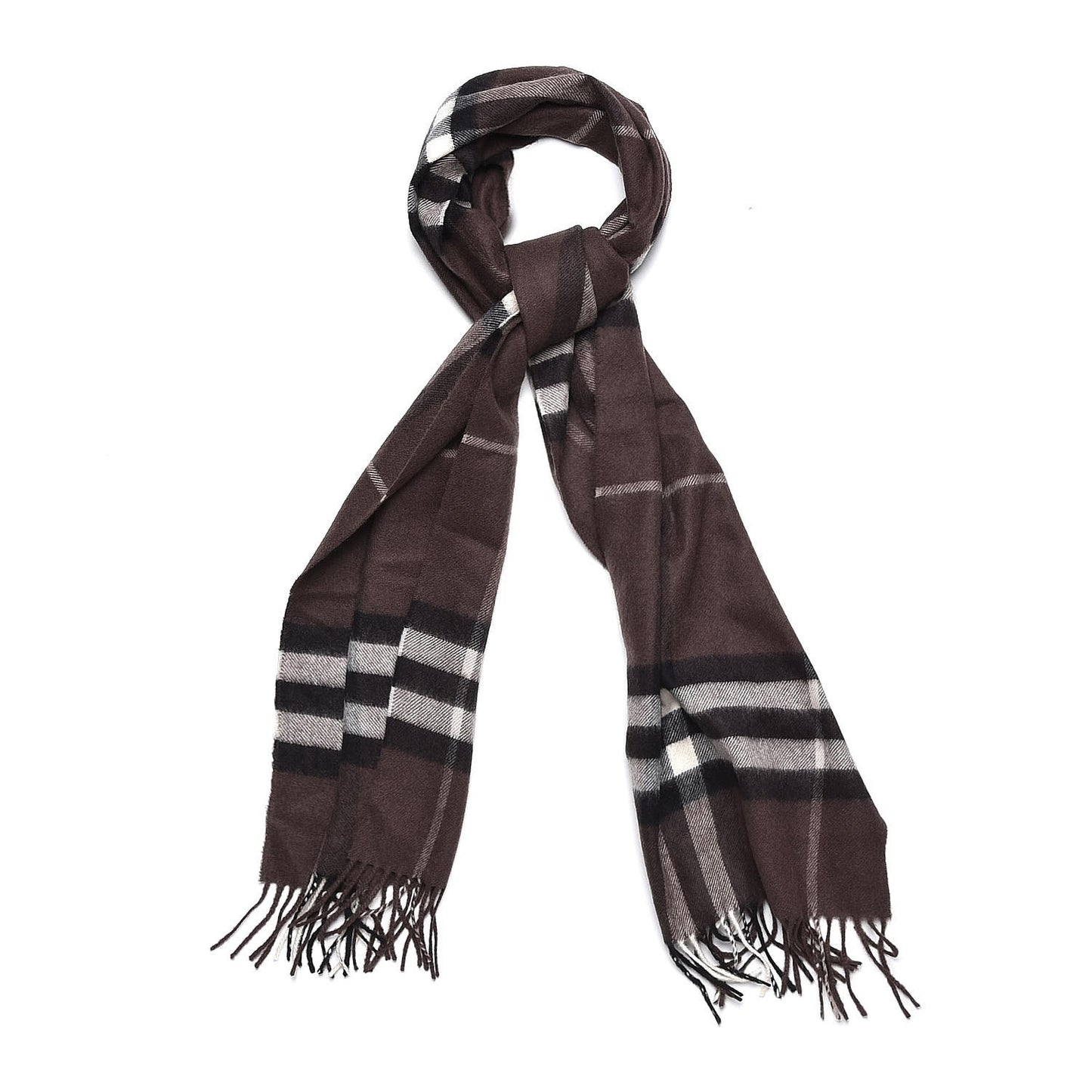 Cashmere Giant Check Fringe Scarf Bitter Chocolate