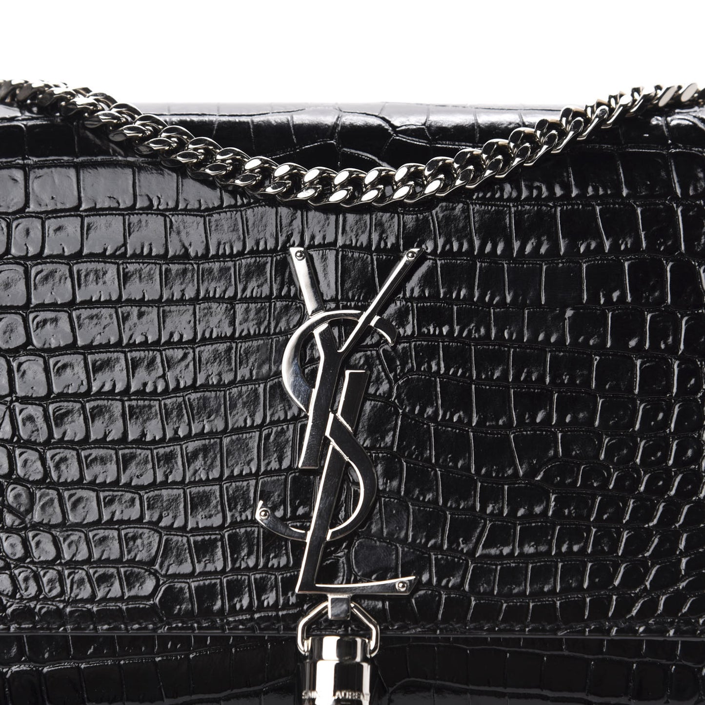 Calfskin Crocodile Embossed Small Classic Monogram Kate Tassel Satchel Black