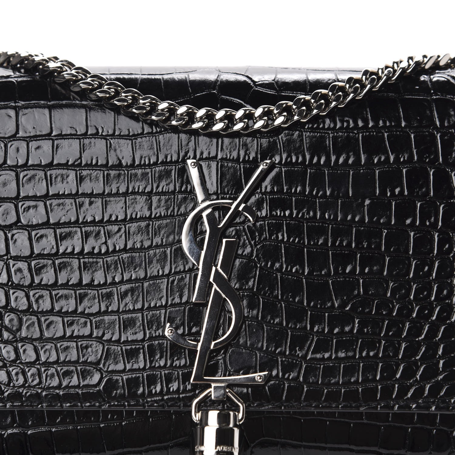Saint Laurent Calfskin Crocodile Embossed Small Classic Monogram Kate Tassel Satchel Black 10 of 10