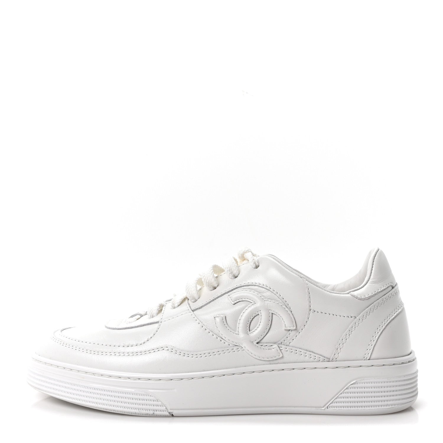 Chanel Calfskin Womens CC Sneakers 37.5 White 1 of 9