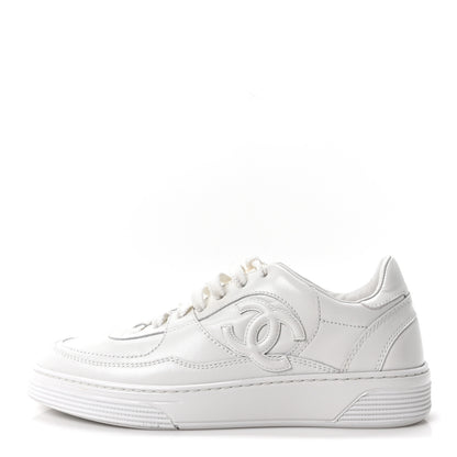 Chanel Calfskin Womens CC Sneakers 37.5 White 1 of 9