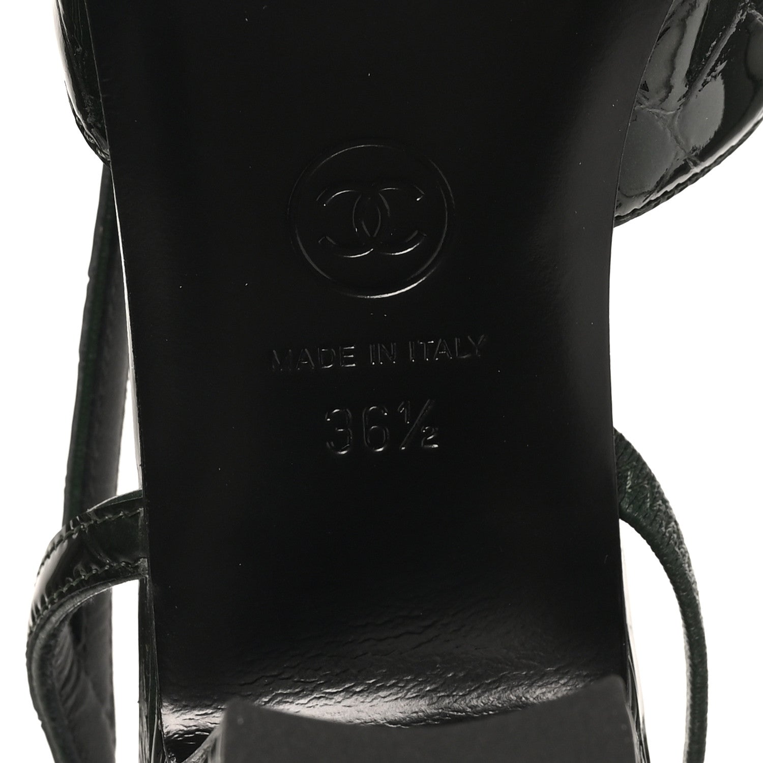 Chanel Patent Calfskin Crocodile Embossed Cap Toe CC Slingback Pumps 36.5 Dark Green Black 8 of 10