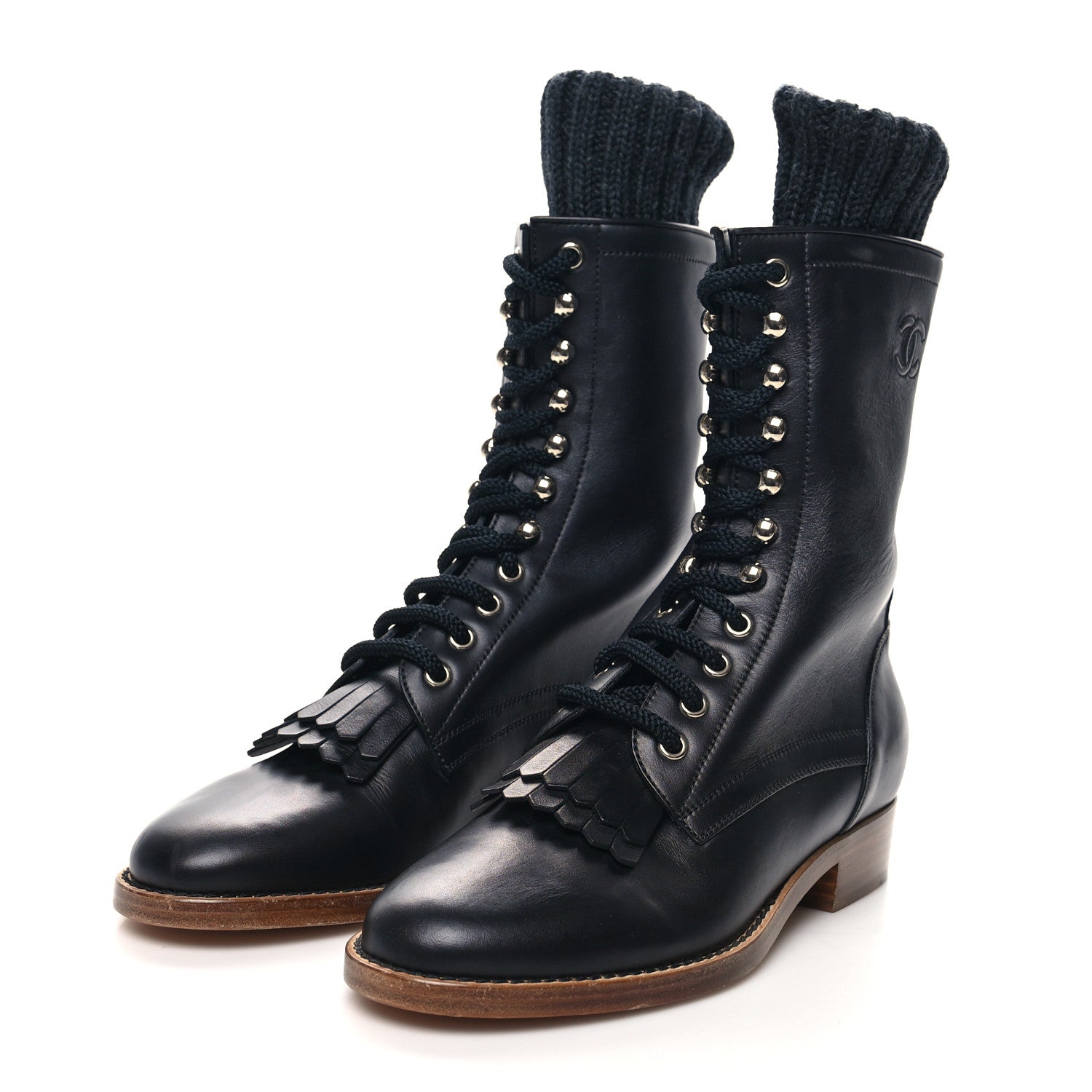Chanel Calfskin Sock High CC Combat Boots 38 Black 3 of 7