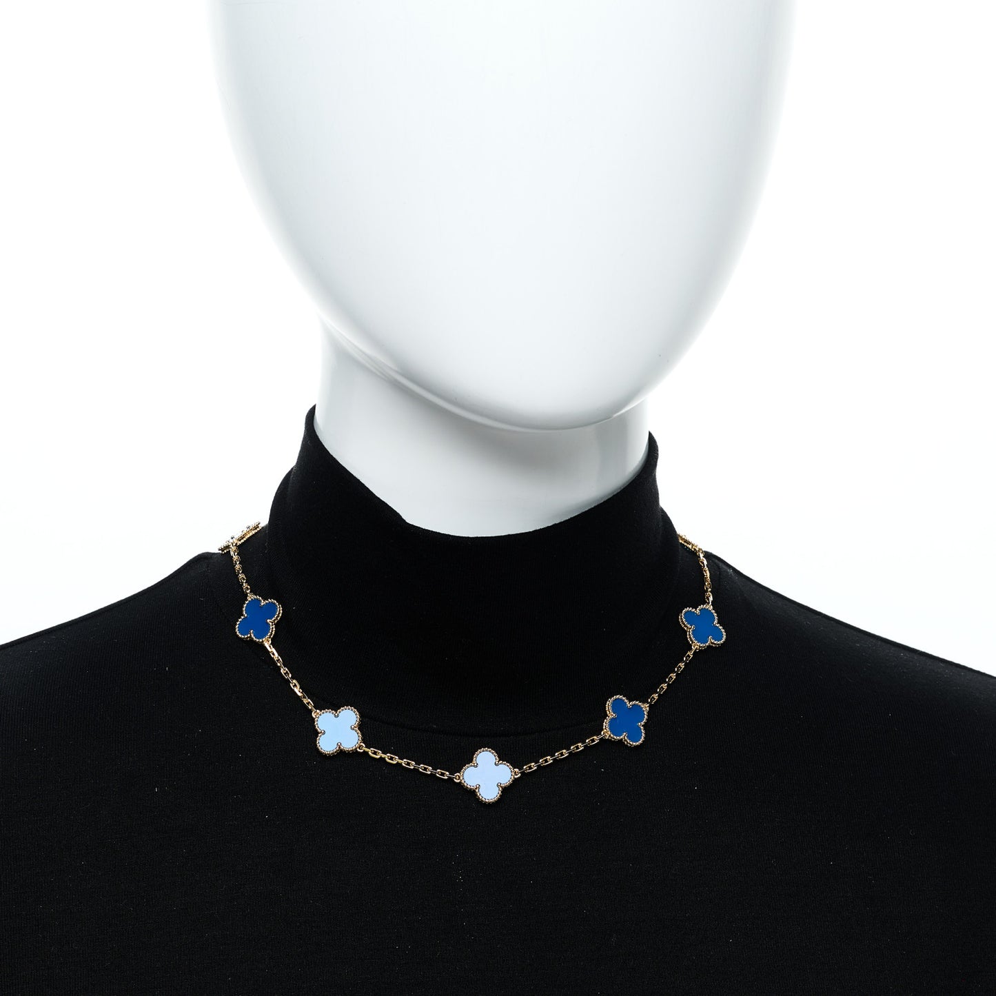 18K Yellow Gold Blue Agate 10 Motifs Vintage Alhambra Necklace