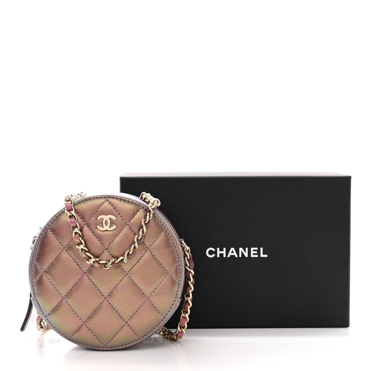 Iridescent Lambskin Quilted Round Clutch With Chain Purple
