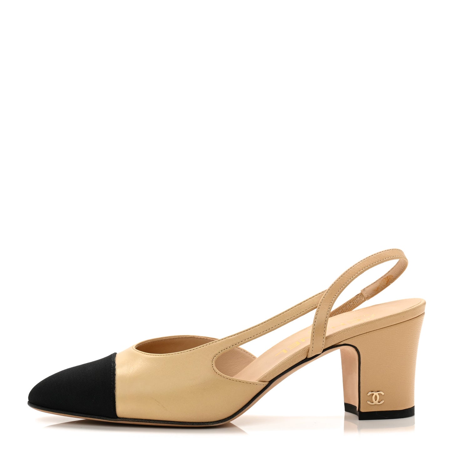 Goatskin Grosgrain Cap Toe CC Slingback Pumps 37 Beige Black
