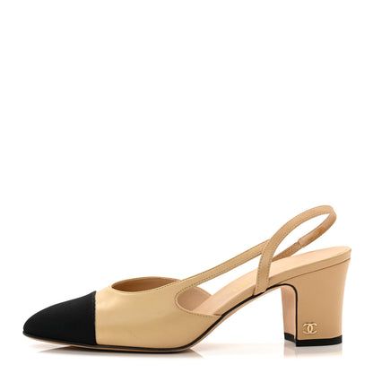 Chanel Goatskin Grosgrain Cap Toe CC Slingback Pumps 37 Beige Black 1 of 11