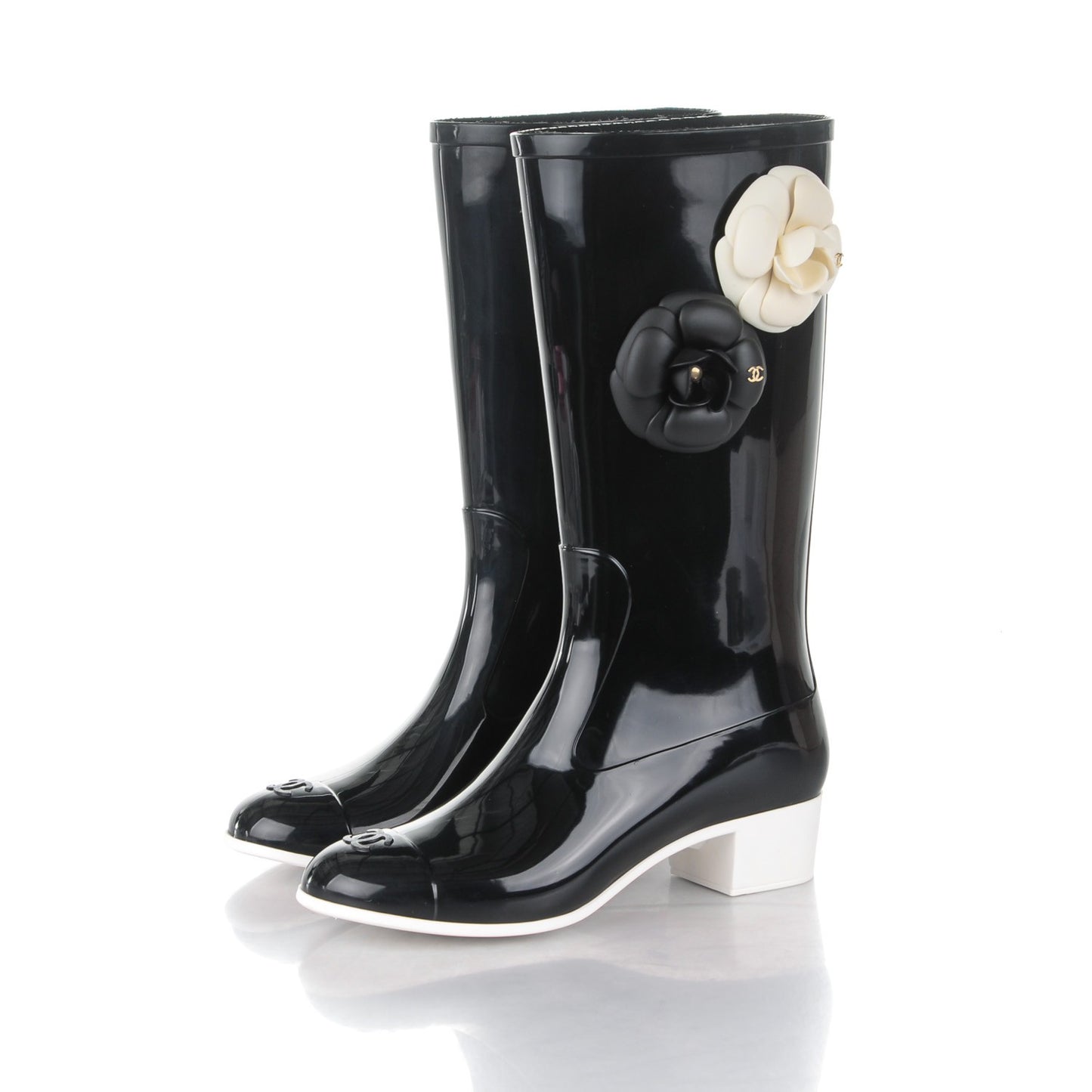 Rubber Glitter Camellia Rain Boots 36 Black