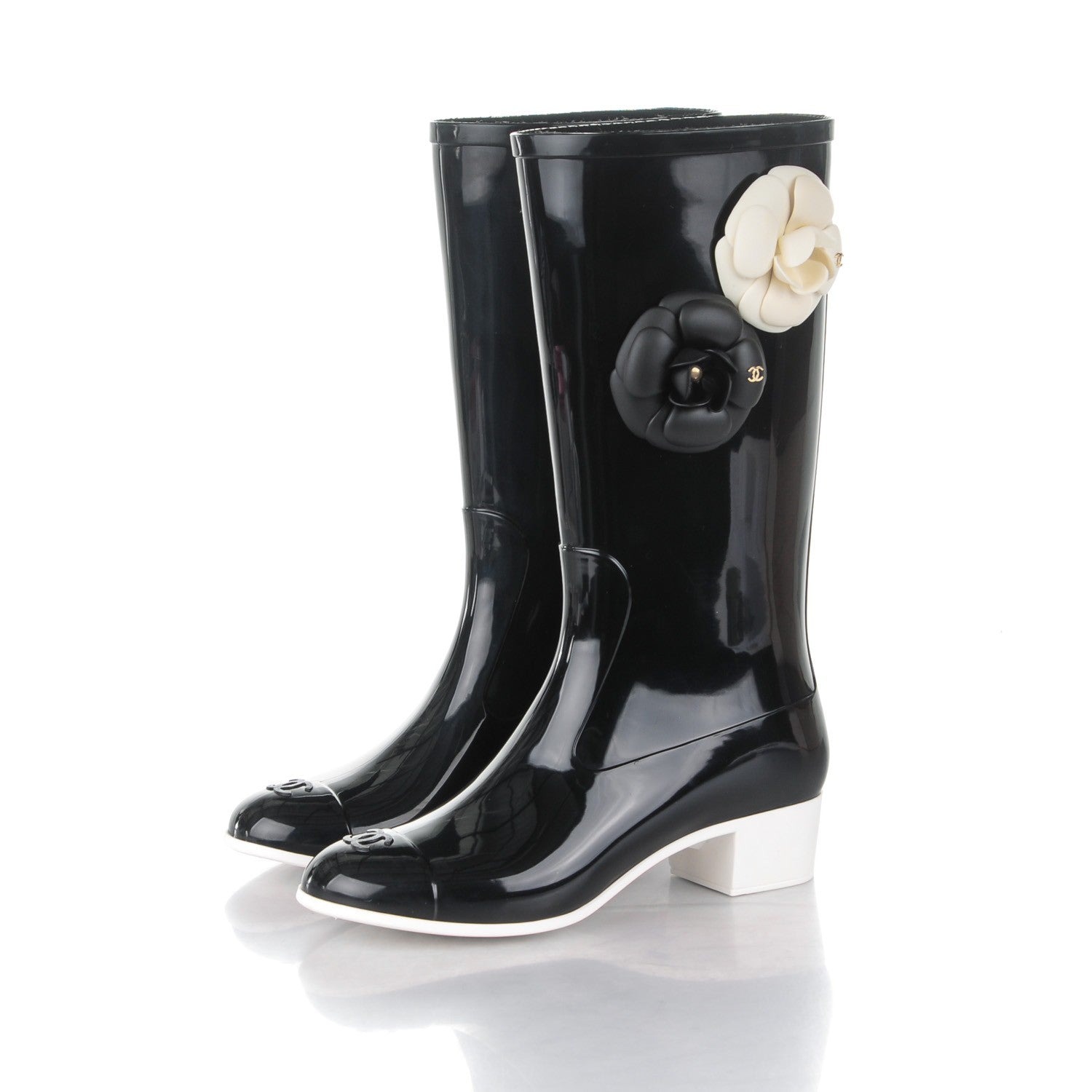 Chanel Rubber Glitter Camellia Rain Boots 36 Black 3 of 9