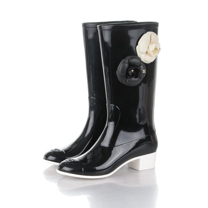 Chanel Rubber Glitter Camellia Rain Boots 36 Black 3 of 9