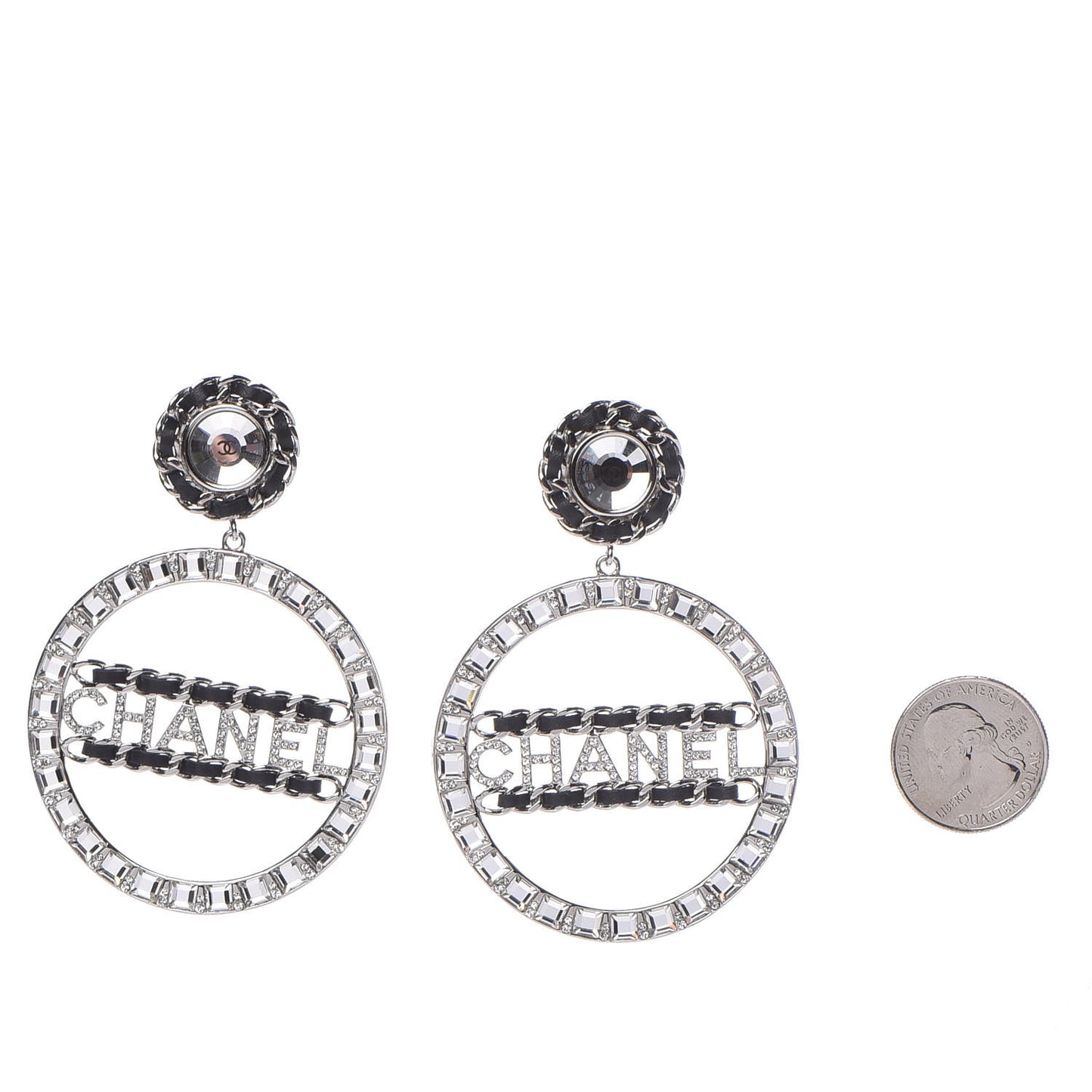 Crystal Lambskin Chain CC Hoop Clip On Earrings Black Silver
