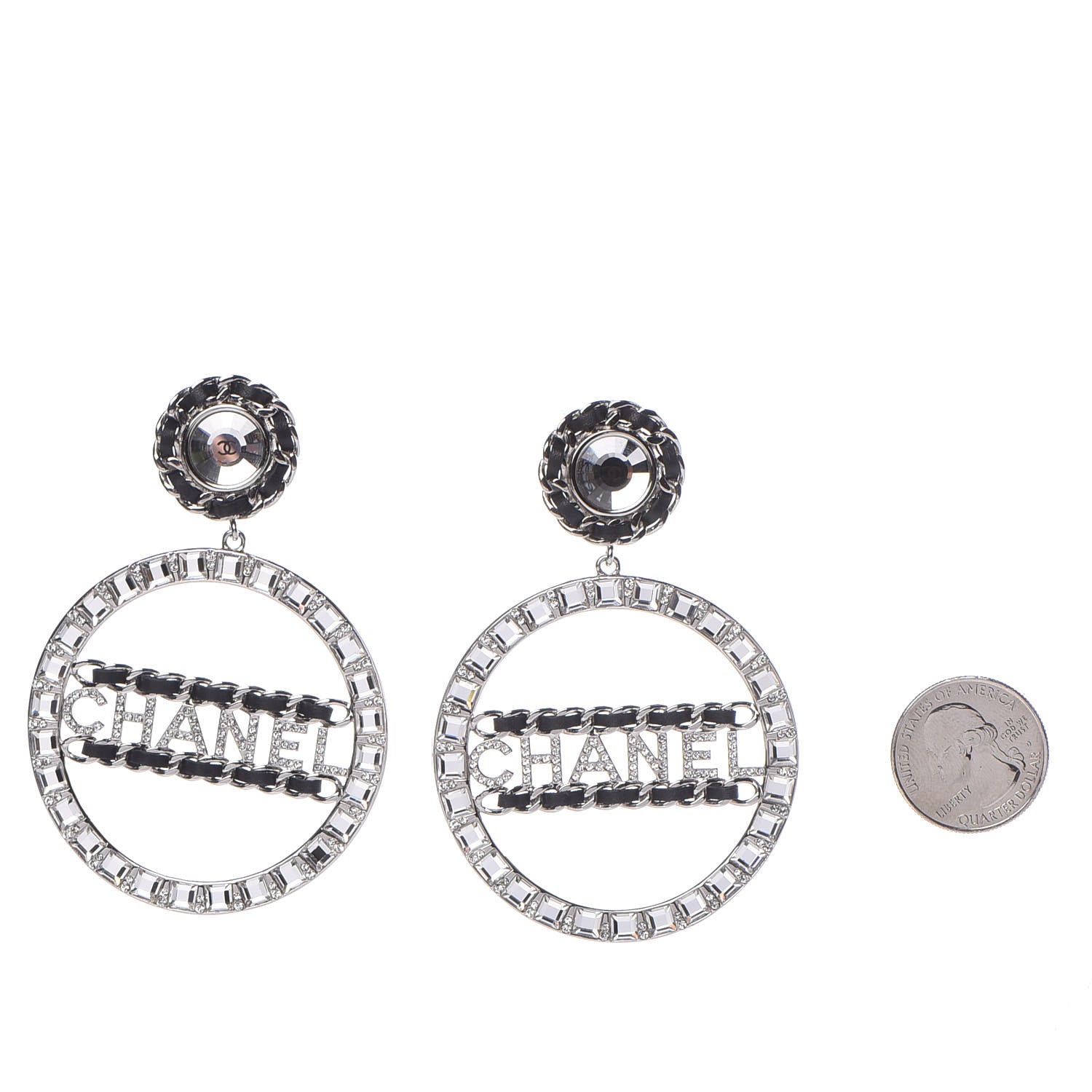 Chanel Crystal Lambskin Chain CC Hoop Clip On Earrings Black Silver 2 of 4