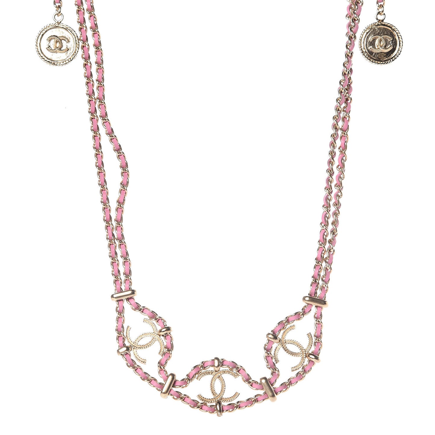 Metal Lambskin CC Chain Link Necklace Gold Dark Pink
