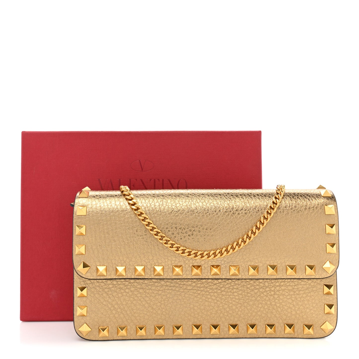 Pebbled Calfskin Rockstud Flap Wallet On Chain Soft Gold