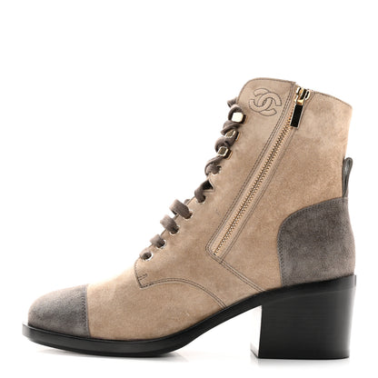 Chanel Suede Calfskin CC Lace Up Short Boots 40 Light Beige 1 of 14
