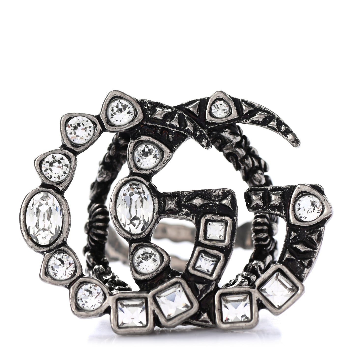 Crystal Double G Ring 7.5 Aged Silver