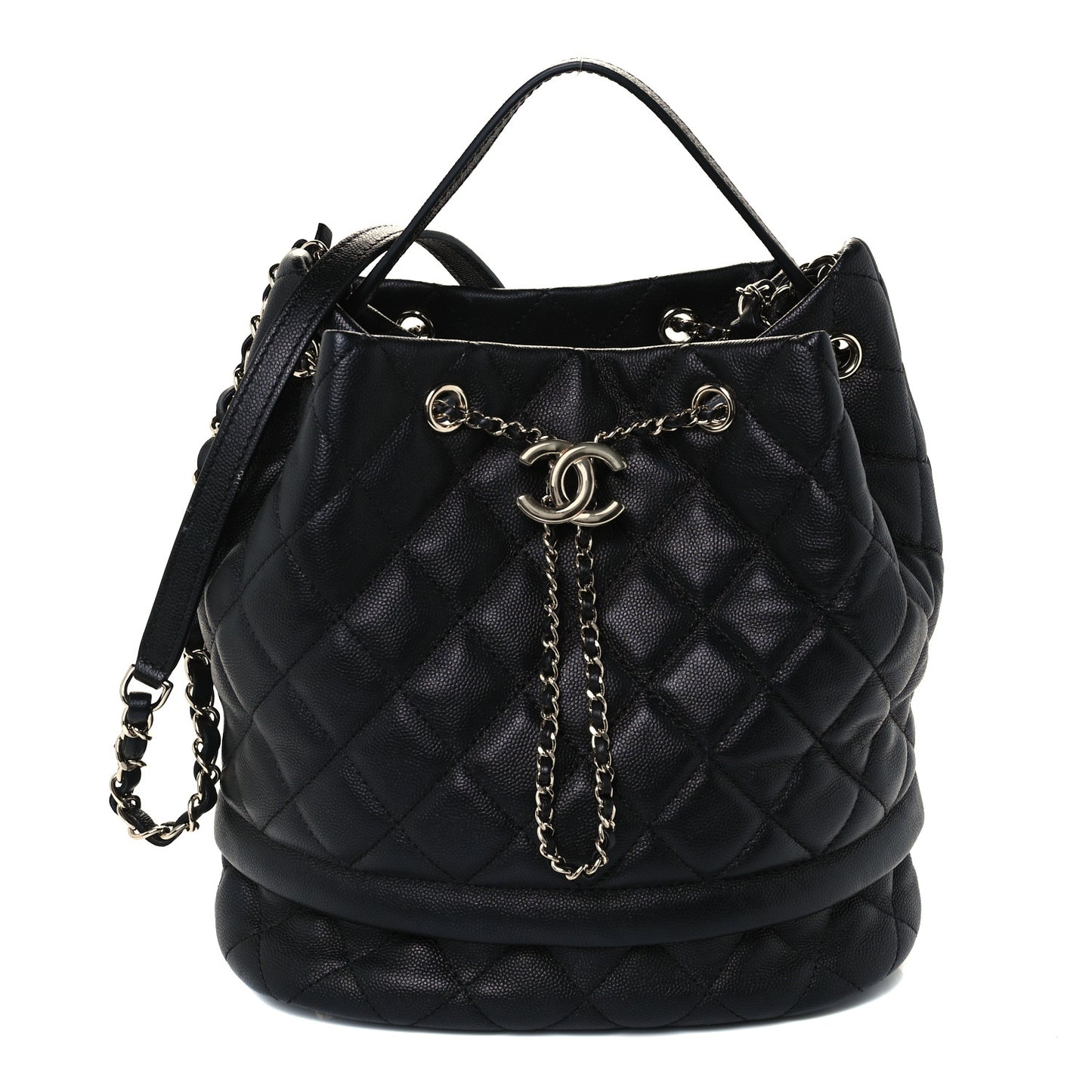 Caviar Quilted Large Rolled Up Bucket Drawstring Bag Black