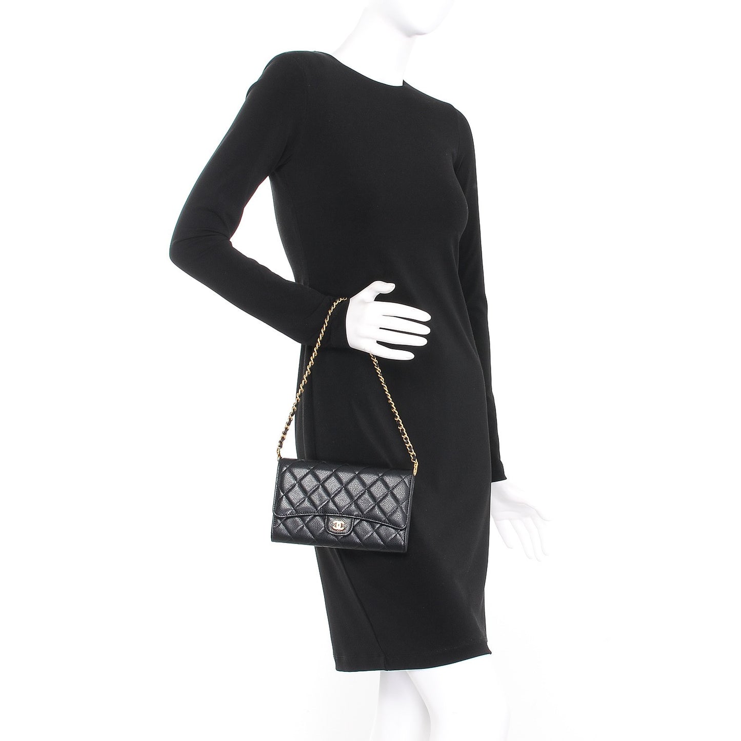 Caviar Quilted Wallet on Removable Chain Black