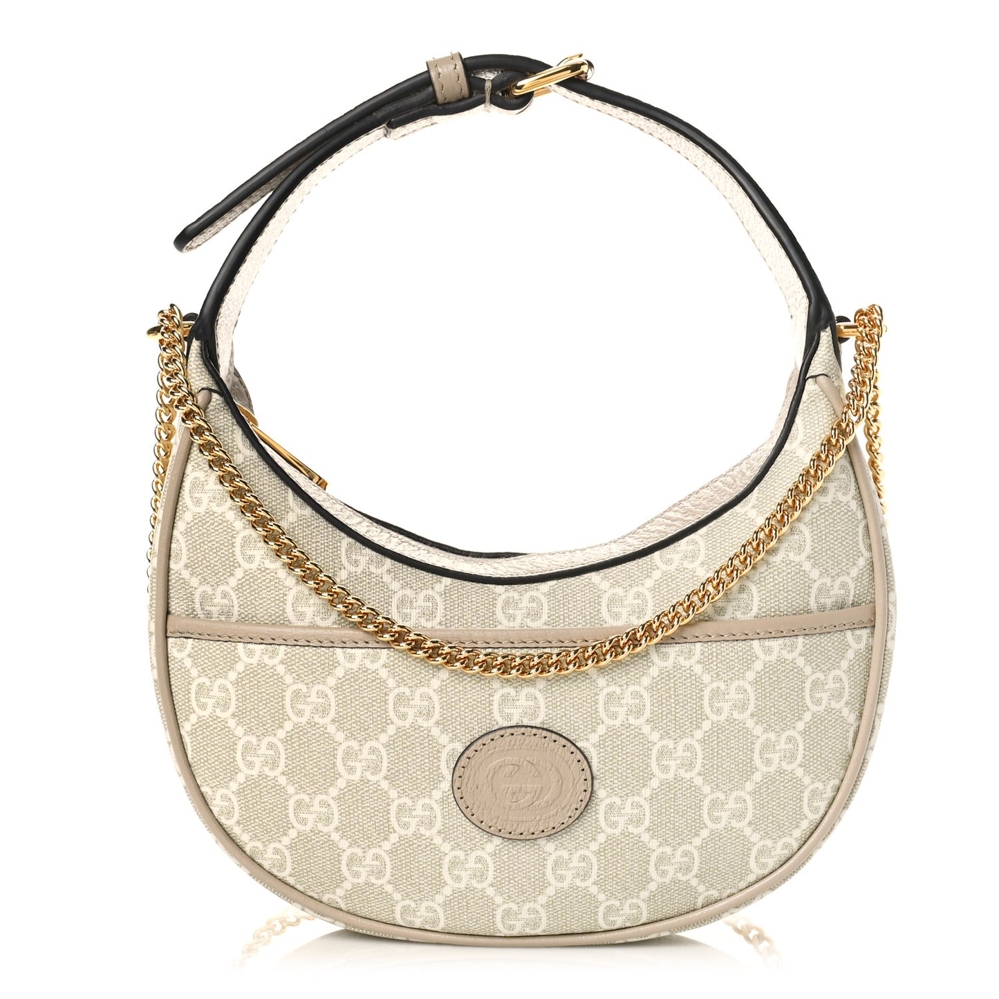 GG Supreme Monogram Textured Dollar Calfskin Mini Retro Interlocking G Half Moon Bag Beige Mystic White Oatmeal