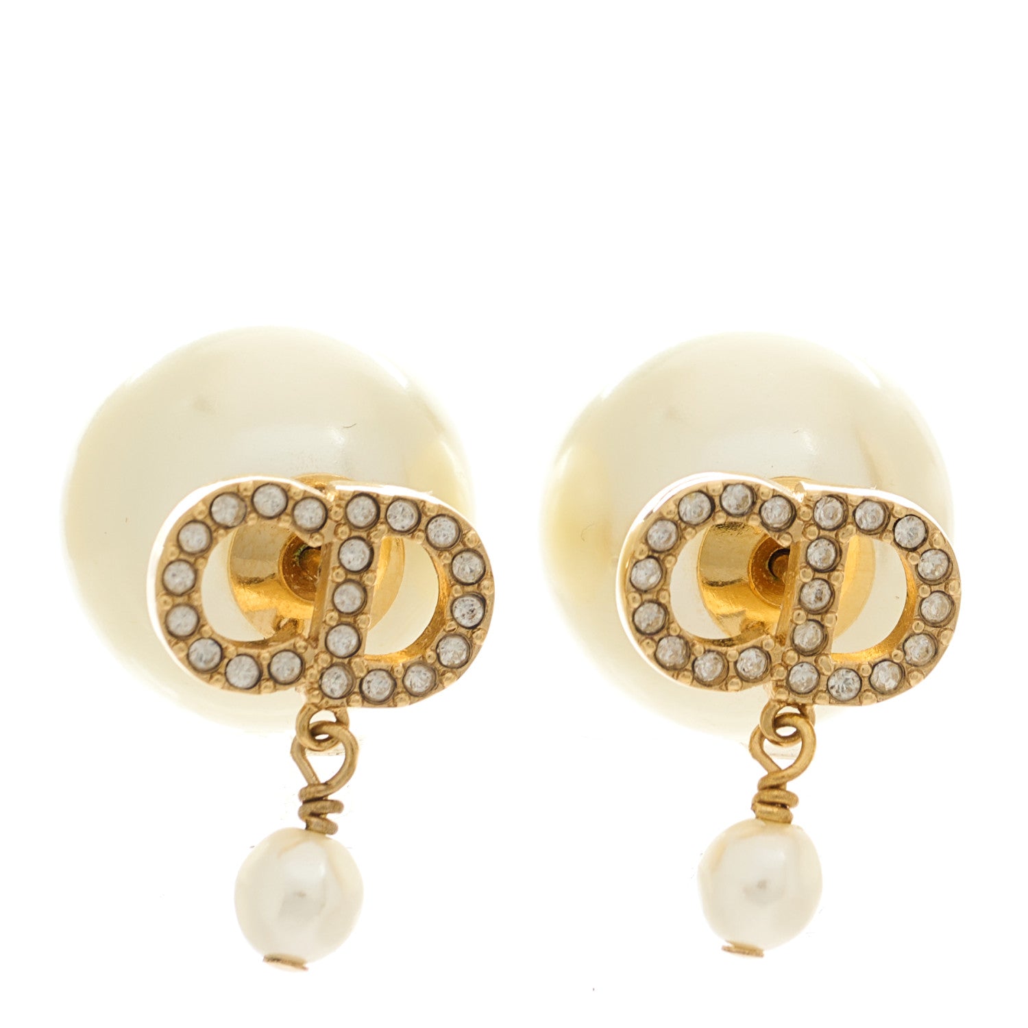 Christian Dior Pearl Crystal Tribal CD Drop Earrings Gold 1 of 5