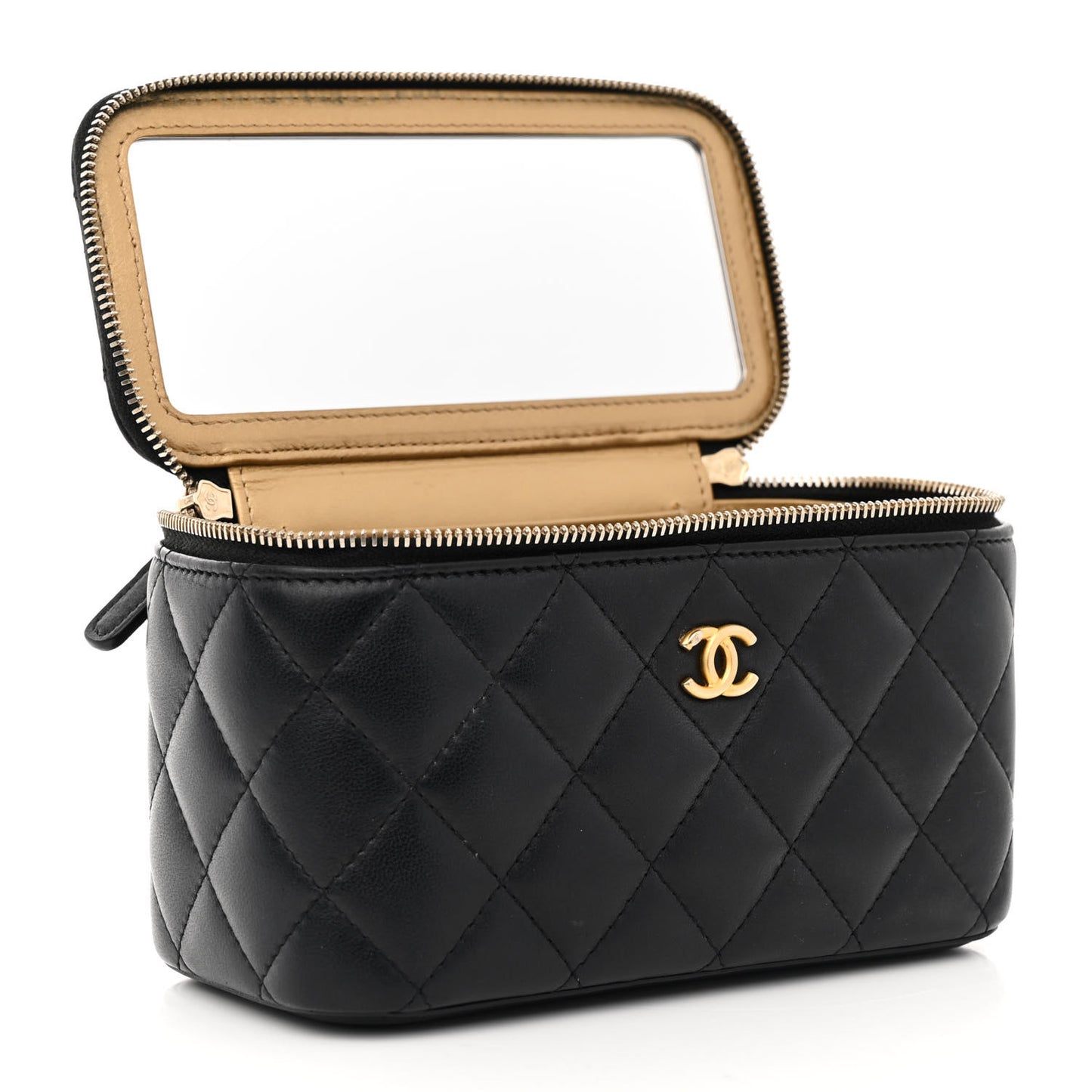 Lambskin Quilted Pearl Crush Small Vanity Case With Chain Black