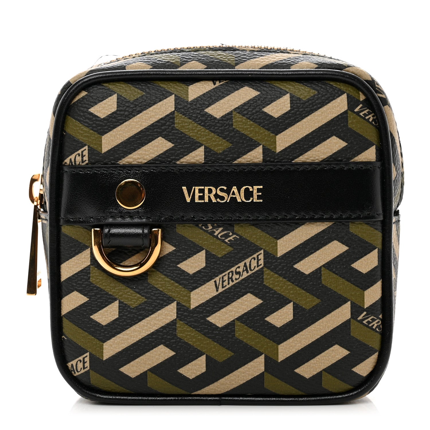 Versace Coated Canvas Calfskin La Greca Square Zip Pouch Black Khaki 1 of 6