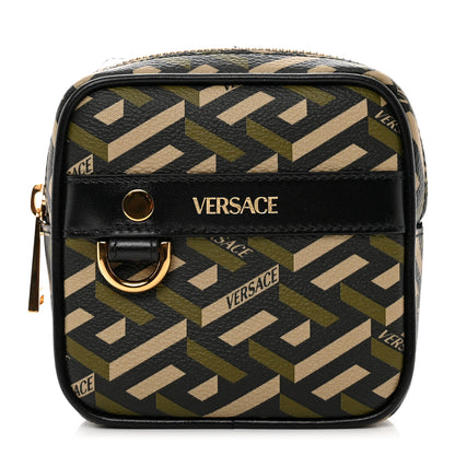 Versace Coated Canvas Calfskin La Greca Square Zip Pouch Black Khaki 1 of 6