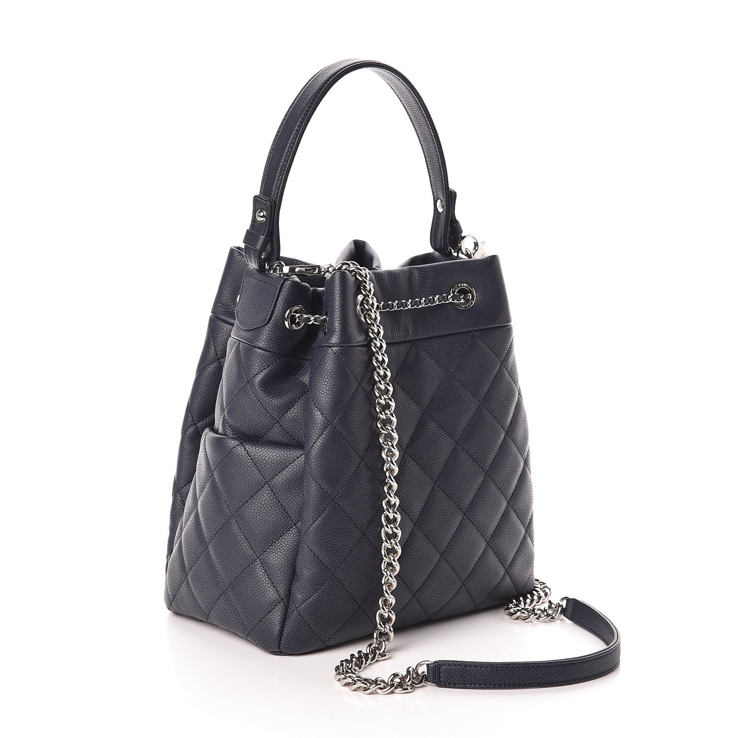 Chanel Grained Calfskin Quilted Medium CC Chain Bucket Drawstring Bag Blue 3 of 10