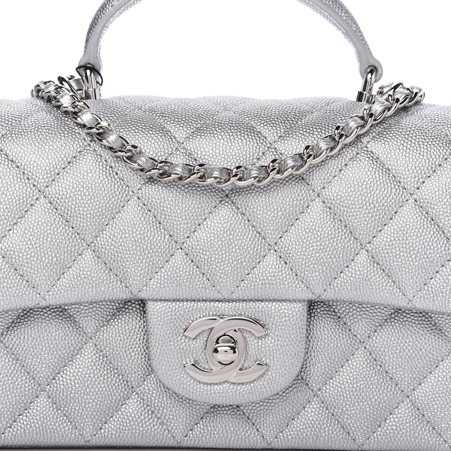 Metallic Caviar Quilted Mini Top Handle Rectangular Flap Silver