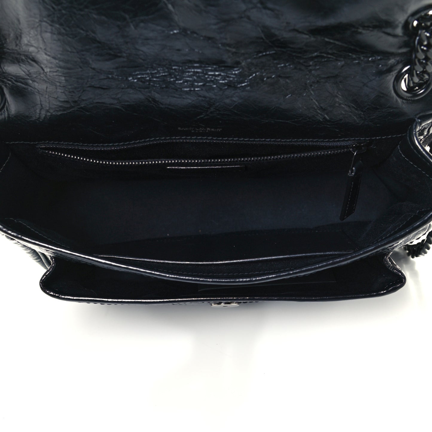 Crinkled Calfskin Matelasse Monogram Medium Niki Chain Satchel Black