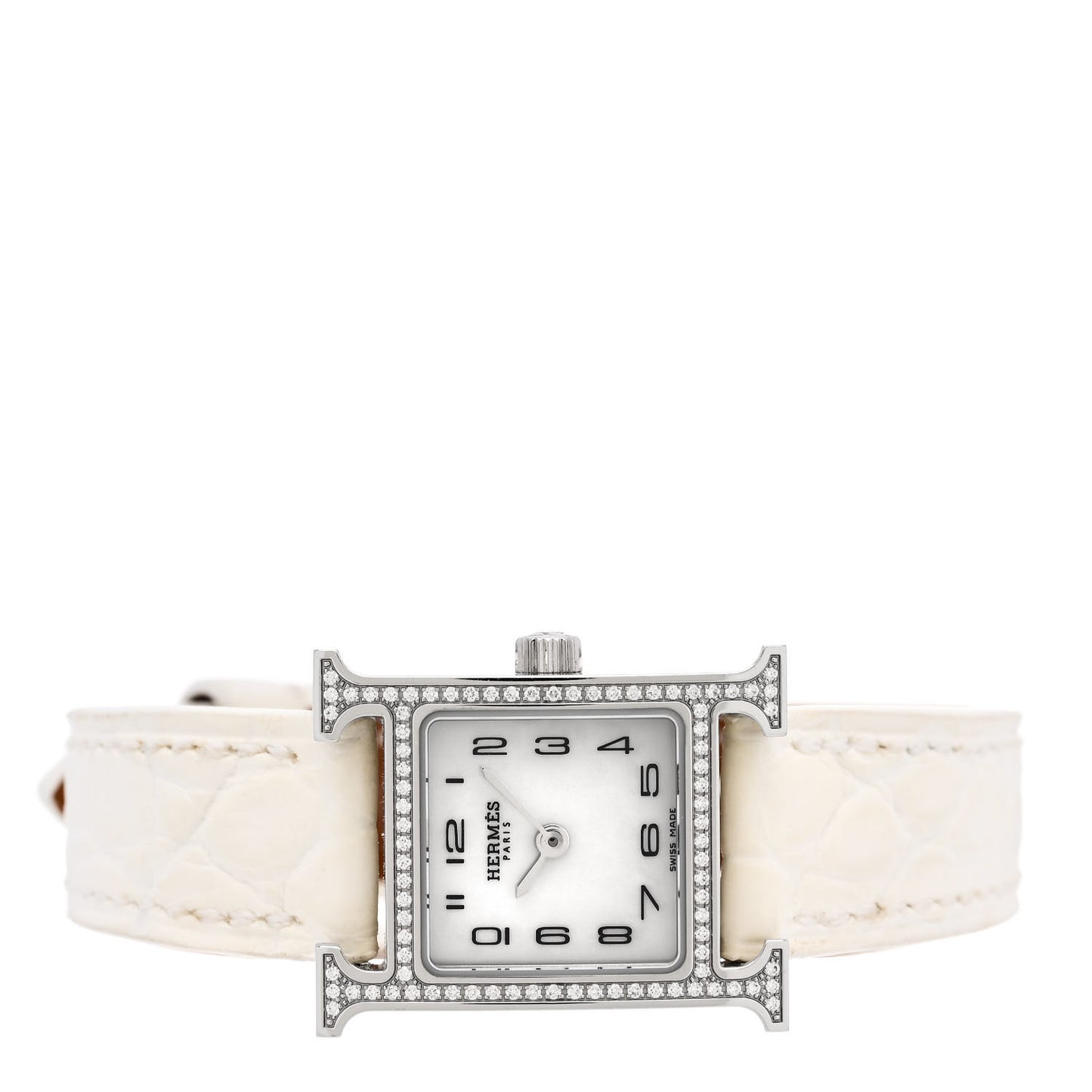 Stainless Steel Alligator Diamond Bezel Mother of Pearl 17.2mm Heure H Hour Quartz Watch Blanc