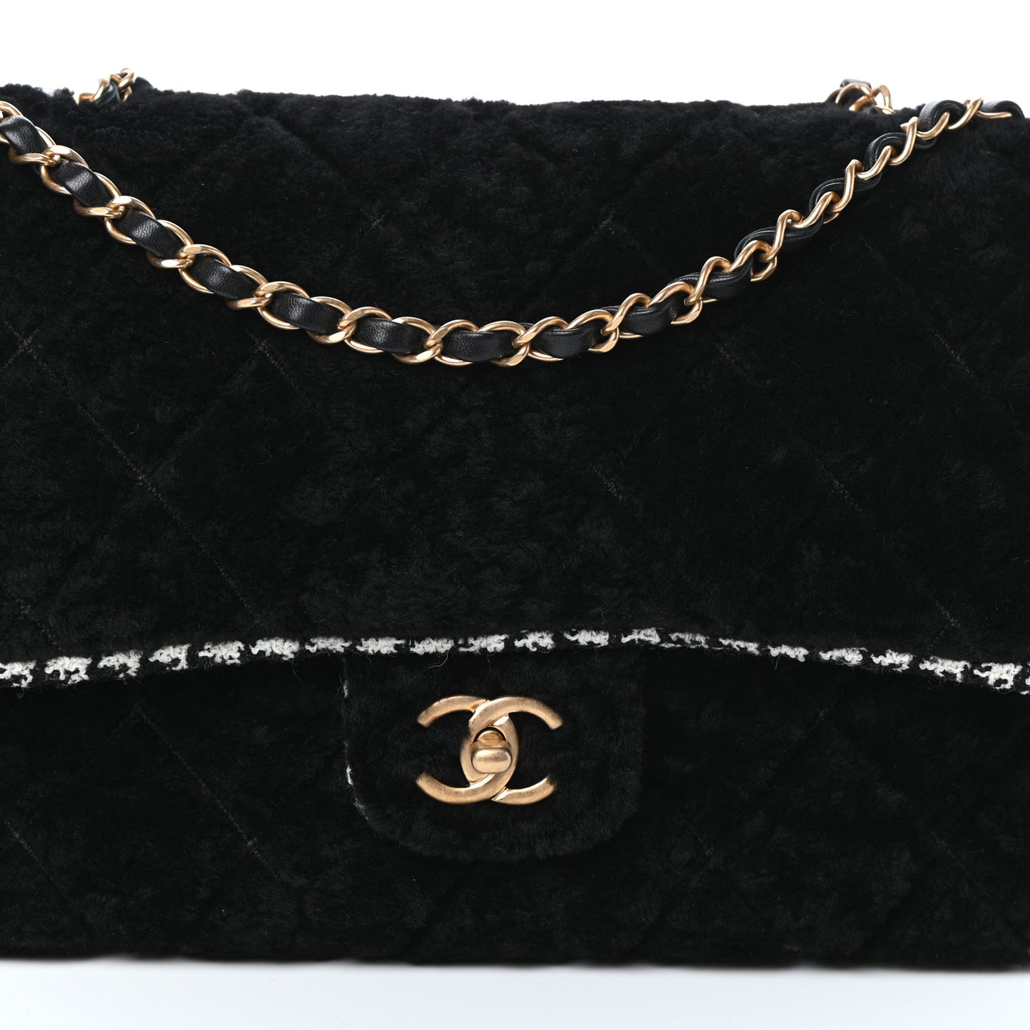 Shearling Tweed Jumbo Single Flap Black White