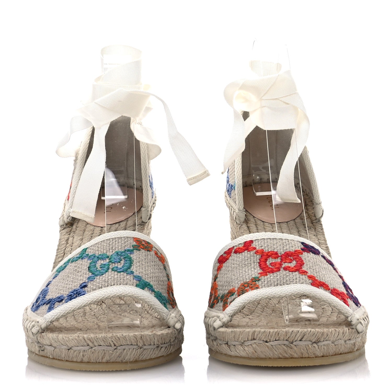 Gucci Linen Psychedelic Mini GG Monogram Ankle Wrap Platform Espadrille Wedge Sandals 39 Multicolor Mystic White 3 of 8