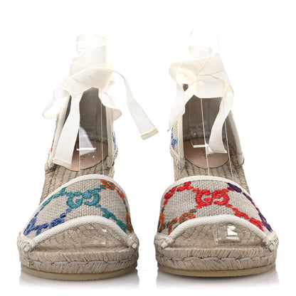 Gucci Linen Psychedelic Mini GG Monogram Ankle Wrap Platform Espadrille Wedge Sandals 39 Multicolor Mystic White 3 of 8