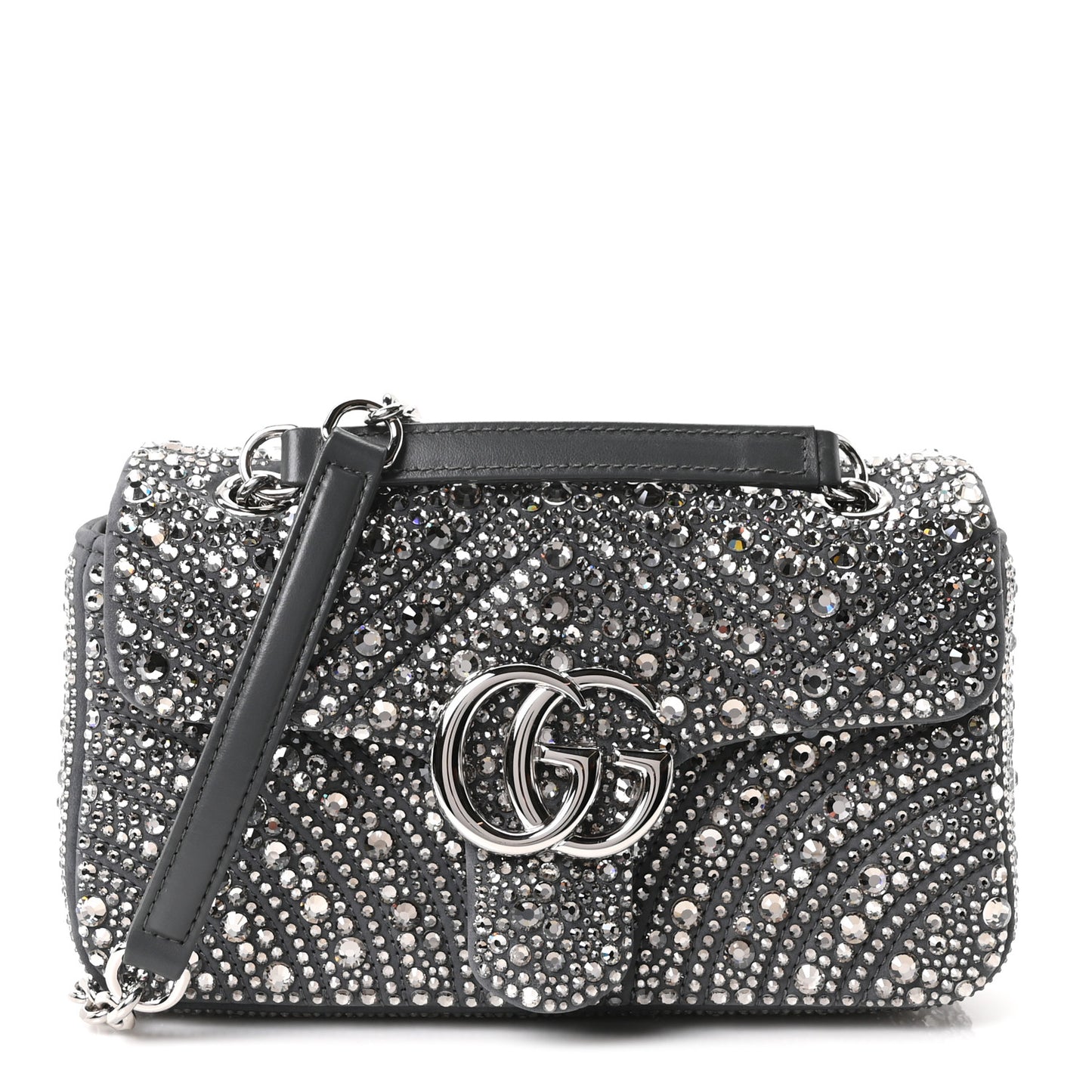 Suede Matelasse Crystal Mini GG Marmont Shoulder Bag Grey