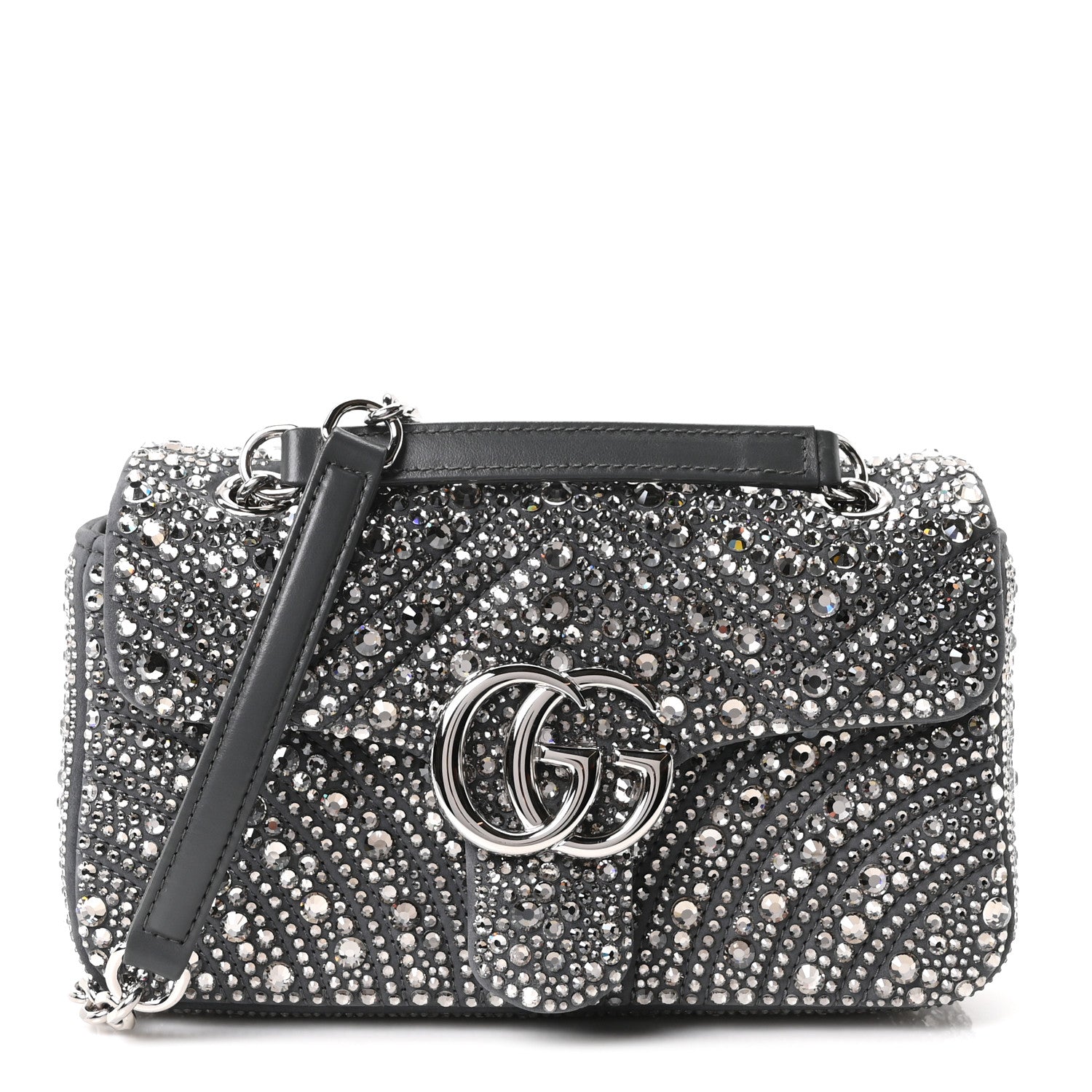Gucci Suede Matelasse Crystal Mini GG Marmont Shoulder Bag Grey 1 of 10