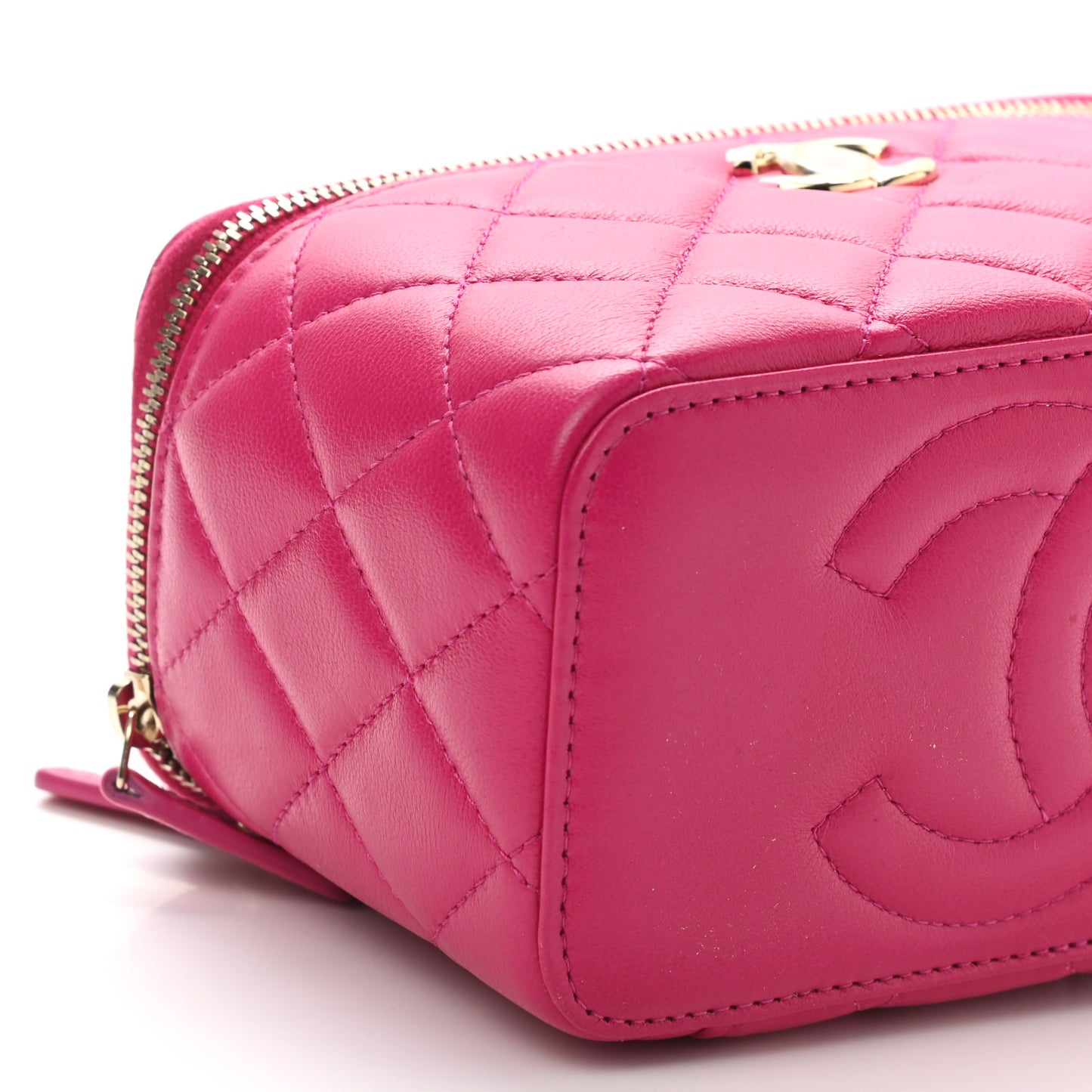 Lambskin Quilted Small Top Handle Vanity Case With Chain Dark Pink