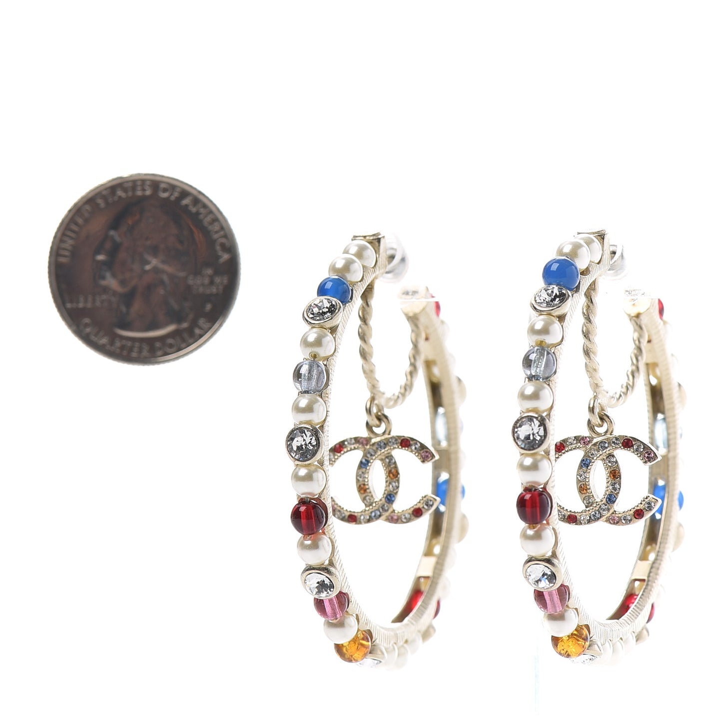 Crystal Pearl Bead CC Drop Hoop Earrings Gold Multicolor