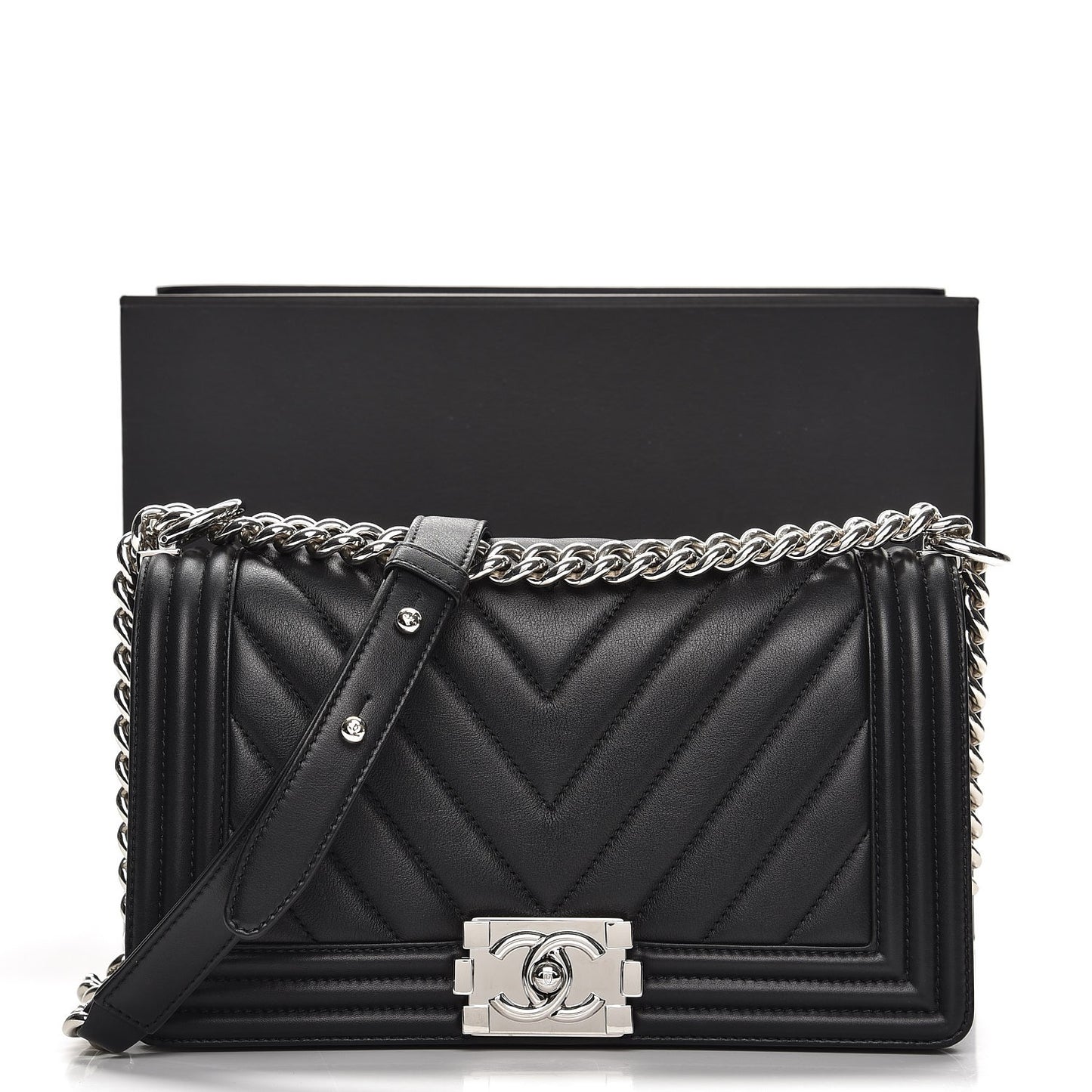 Calfskin Chevron Quilted Medium Boy Flap Black