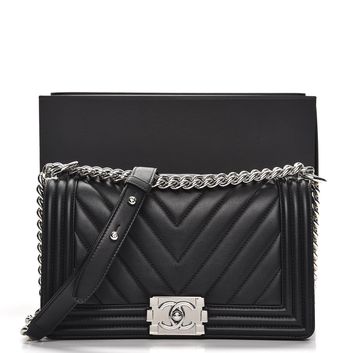 Chanel Calfskin Chevron Quilted Medium Boy Flap Black 8 of 8