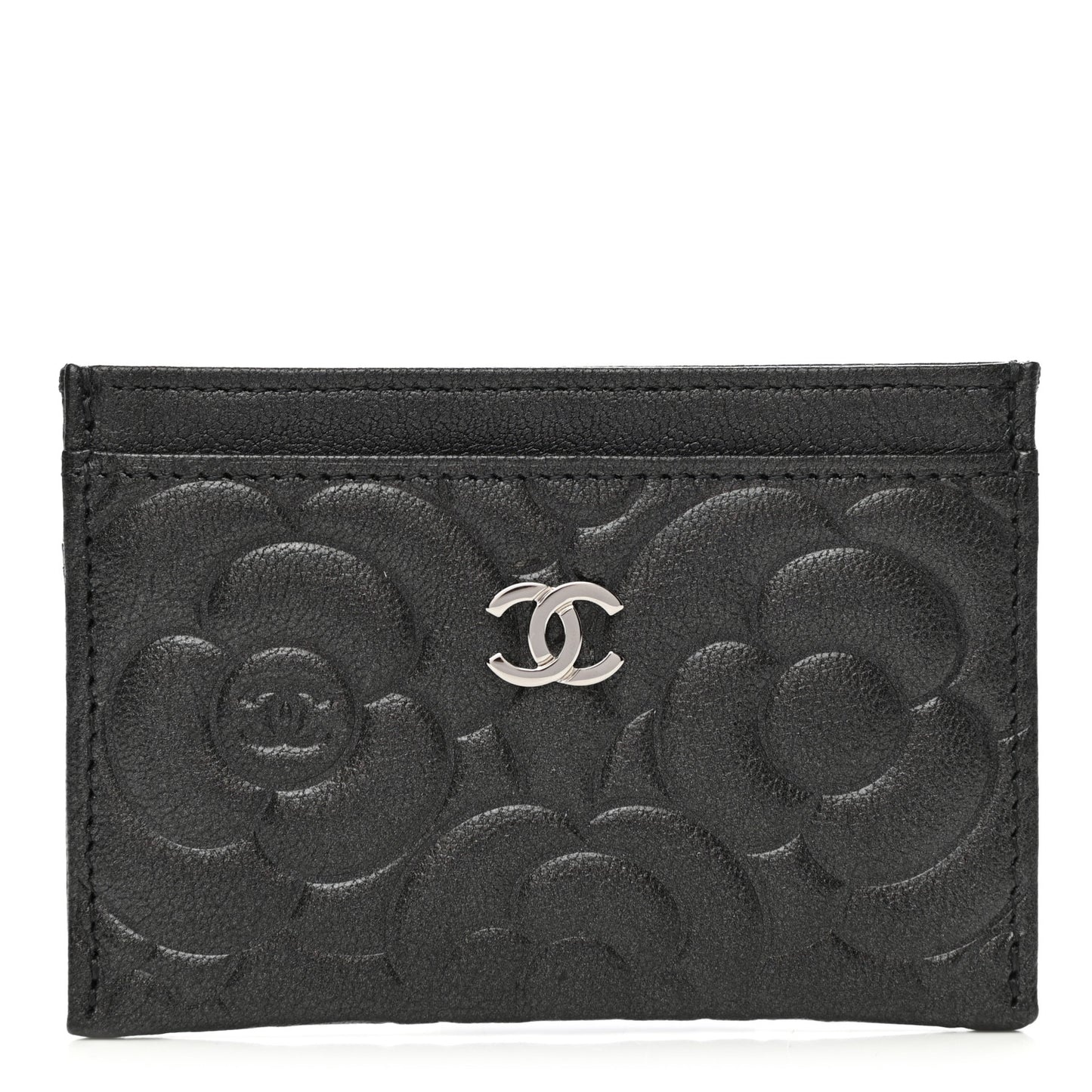 Goatskin Camellia Embossed Card Holder Black