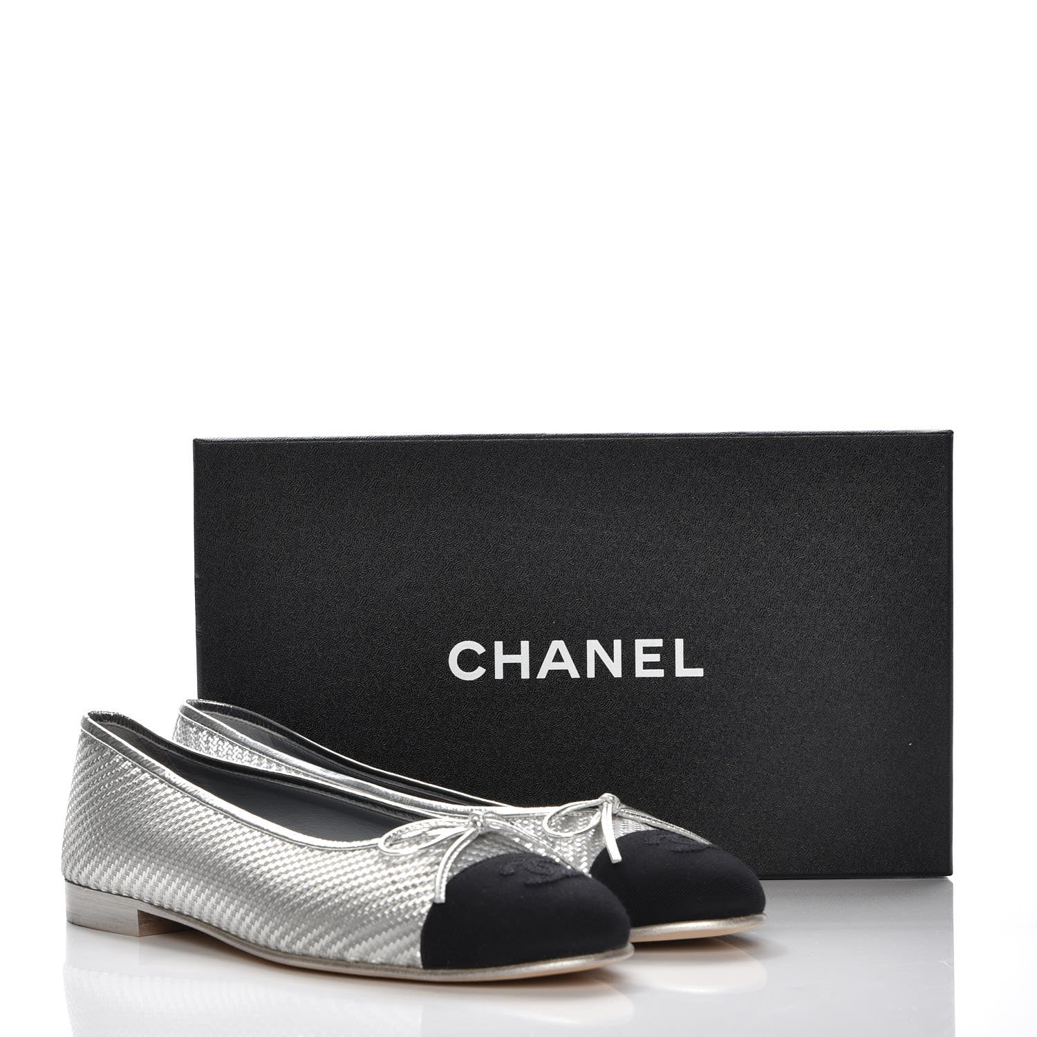 Chanel Metallic PVC Grosgrain Cap Toe Ballerina Flats 40.5 Silver Black 9 of 9