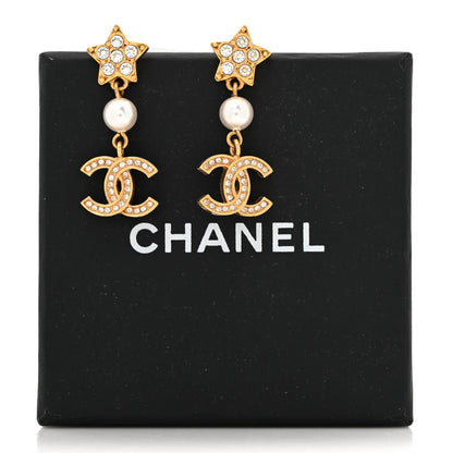 Chanel Metal Crystal Pearl CC Star Drop Earrings Gold Pearly White 5 of 5