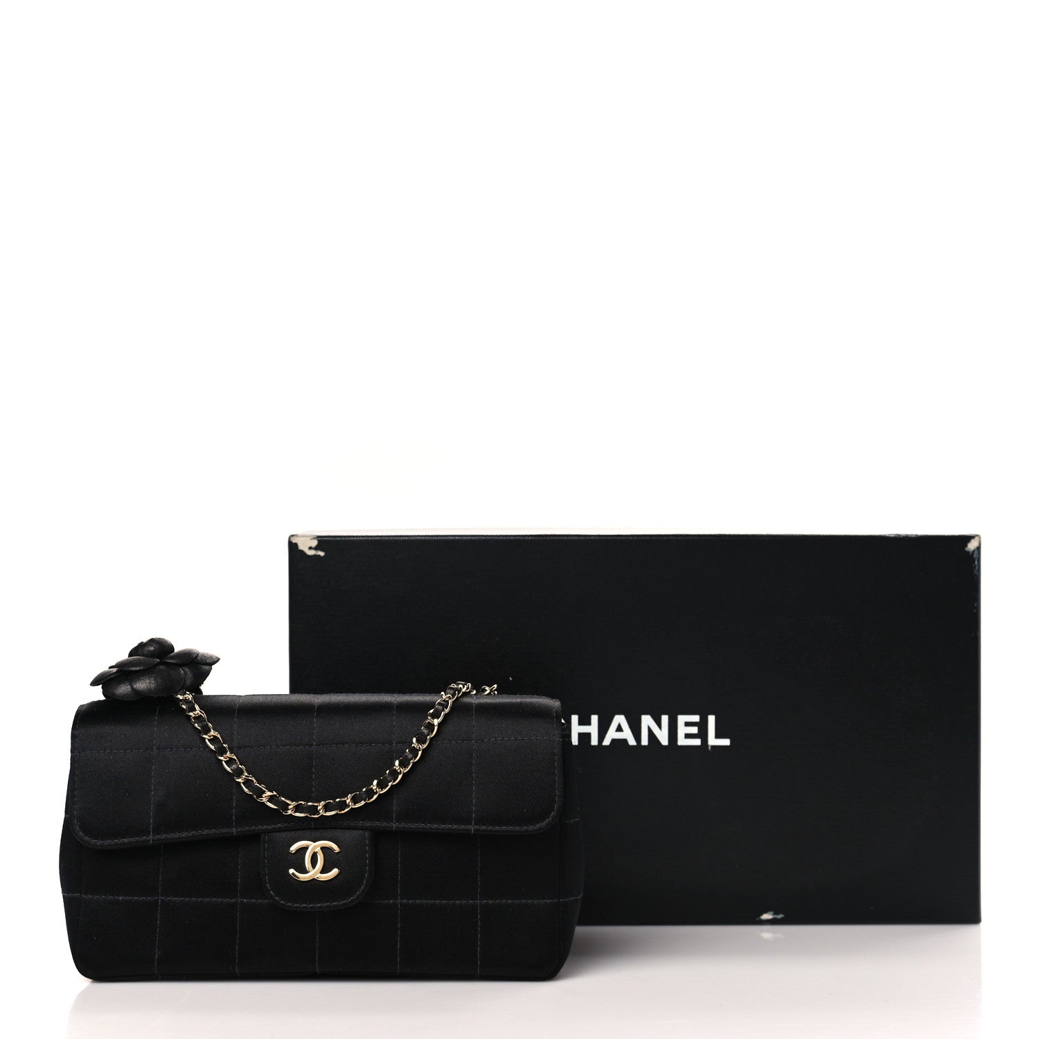Chanel Satin Chocolate Bar Quilted Camellia Rectangular Mini Flap Black 10 of 10