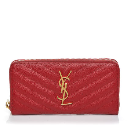 Saint Laurent Grain De Poudre Matelasse Chevron Monogram Zip Around Wallet Red 1 of 7