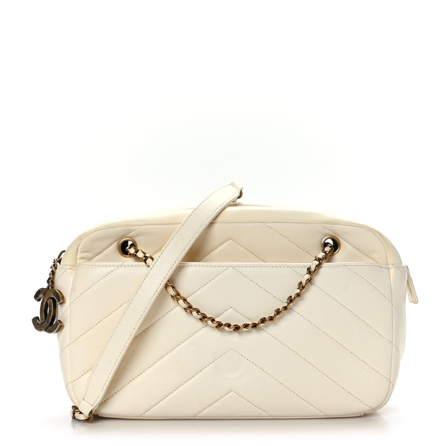 Shiny Lambskin Chevron Stitched Small Coco Camera Case White